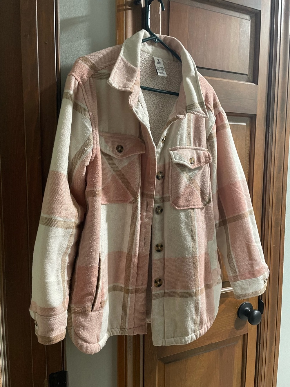Women’s Plaid Teddy Jacket in Pink & Cream